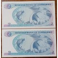 1994 Zimbabwe uncirculated $2 set in sequence (Long neck watermark)
