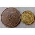 Nice 1937 Belgian Congo 5 Francs & 1947 2 Francs set