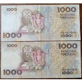 1987 and 1989 Portugal 1000 Escudos note set