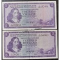 Set of x2 T.W de Jongh R5 notes with both Eng/Afr and Afr/Eng language variations