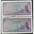 Set of x2 T.W de Jongh R5 notes with both Eng/Afr and Afr/Eng language variations