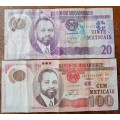 2011 Mozambique 20/100 Meticais note set (Polymer)