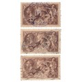 Great Britain 2/6d used seahorse 1934 x3 Waterlow & Sons perfin B.W.