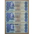 Lot of 3 G de Kock 3rd Issue R2 notes - UNC, 2 in sequence - GF