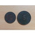 1924 Mauritius 2 Cents & 5 Cents, rare