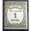 1935 French Andorra 1 C postage due, perf shift, HR
