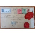 Great Britain WW1 registered cover London to Amsterdam, with War Office and Bank of India wax seals