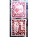 1935 New Zealand 1/2D block of 4 MNH, 1D used, 1 1/2D MNH