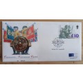1993 Great Britain Coronation numbered FDC with £10 stamp & £5 brilliant UNC coin
