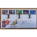 1996 Great Britain `Big Stars from the Small Screen` FDC + 5 MNH blocks of 4