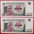 Zimbabwe $10 1997 2 UNC notes in sequence - Series CG