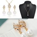 Wedding Fashion  Jewelry Gold Plated Necklace Crystal Pearl Earrings Set