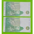 R10 1993, prefix AA, A/E, CL Stals, 2nd issue ***UNC*** 2 notes in sequence