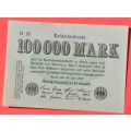 GERMANY 100,000 Mark 1923  - Weimar Republic DEUTSCHES REICH, Ro. 90a ***UNC***