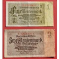 GERMANY 1 Rentenmark 1937 & 2 Rentenmark DEUTSCHES REICH  ***VF to VF-***
