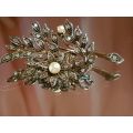 Victorian 9K Gold Brooch with 36 Rose Cut Diamonds and Pearls ~ with Certificate