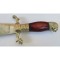 decorative dagger in cow hide sheath, metal blade with makers mark and cow hand engraving VGC