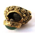 Classic vtg Poison Ring, Fun costume jewellery item, green stone and gilt, flaps open, VGC
