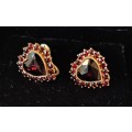 Vintage gold tone necklace and Earrings, garnet type stones by Amerikane + German red heart earrings