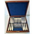 Solid Figured Mahogany Box containing 23 piexes of bone style SP fruit cutlery VGC