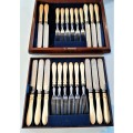 Solid Figured Mahogany Box containing 23 piexes of bone style SP fruit cutlery VGC