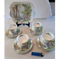 4 great vintage Shelley Trios plus cake plate in the Woodland Pattern, no damages.
