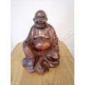 19 CM HAND CARVED LAUGHING Buddha - Mohogony Wood - AMAZING CONDITION