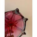 #85 Beautiful raspberry coloured art glass dish in perfect condition