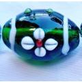1Pc x (+/-20x13mm)  Green With White Flower Detail Oval  Lampwork Glass  Bead - Each