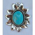 1pc Tibetan Style / Oval / Flower /   Pendant / Synthetic Turquoise (34x29mm) - Each