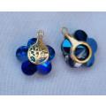 1 pc Blue Electroplate Glass Flower Charm / Gold Tone Detail /17mm
