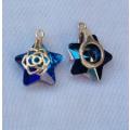 1 pc Blue Electroplate Glass Star Charm / Gold Tone Detail /16mm