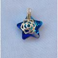 1 pc Blue Electroplate Glass Star Charm / Gold Tone Detail /16mm