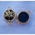 1pc  Gold Tone / Tree Of Life / Black Glass Bead / Connector / Flat Round +/-19x 13.5mm