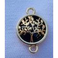 1pc  Gold Tone / Tree Of Life / Black Glass Bead / Connector / Flat Round +/-19x 13.5mm