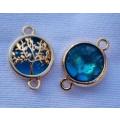 1pc  Gold Tone / Tree Of Life / Blue Glass Bead / Connector / Flat Round +/-19x 13.5mm