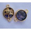 1pc  Gold Tone / Tree Of Life / Purple Glass Bead / Connector / Flat Round +/-19x 13.5mm