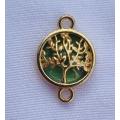 1pc  Gold Tone / Tree Of Life / Green Glass Bead / Connector / Flat Round +/-19x 13.5mm