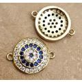 1pc x (19x4mm) Flat  Round / Gold Plated / Dark Blue / Clear Cubic Zirconia / Link / Connector