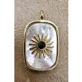 1pc ( 37x16mm) Natural White Shell  / Natural Black Agate/ Gold Plated / Brass / Rectangle with Sun