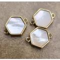 1pc (15x12mm) Hexagon / Freshwater Shell / Gold Plated/ Brass / Link / Connector