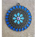 1pc  Blue Enamel / Flower /  Rhinestone  / Flat Round / Antique Bronze / Brass Pendant / 30x27mm