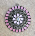 1pc  Pink Enamel / Flower /  Rhinestone  / Flat Round / Antique Bronze / Brass Pendant / 30x27mm