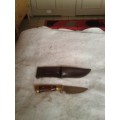 KMV ,STAINLESS,JAPAN HUNTING KNIFE WITH GENUINE LEATHER CASE