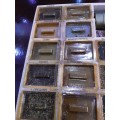 NATURAL SPICE BOX(17  LABELED SPICES IN WINDOW DRAWER INCLUDING A BRASS SPICE GRINDER)