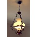 PETROLEUM STYLE PENDANT LAMP ,WROUGHT IRON,COPPER,GLASS AND MILK GLASS SHADES,WORKING