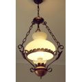 PETROLEUM STYLE PENDANT LAMP ,WROUGHT IRON,COPPER,GLASS AND MILK GLASS SHADES,WORKING