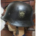ORIGINAL WW2 GERMAN POLICE HELMET WITH LINER-SILVER BORDERED EAGLE(DENAZIFIED)& PARTY SHIELD ON RIGH