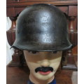 ORIGINAL WW2 GERMAN POLICE HELMET WITH LINER-SILVER BORDERED EAGLE(DENAZIFIED)& PARTY SHIELD ON RIGH