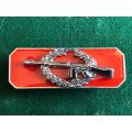 SA ARMY SNIPERS QUALIFICATION BREAST BADGE-APPROVED IN 1980-CHROMED ON RED BACKING-2 PIECE- 2 PINS